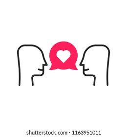 simple conversation about love. concept of abstract girl and boy dialogue or blind date or rendezvous. flat linear style trend modern logotype graphic lineart design element on white background