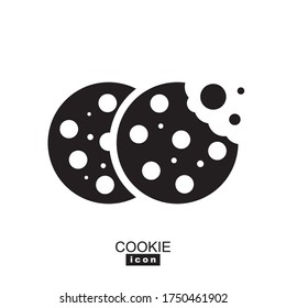 Ilustración simple del vector de icono de cookie. Silhouette o logotipo de galletas mordidas con azúcar de avena. Símbolo de galletas redondo, negro y blanco aislado