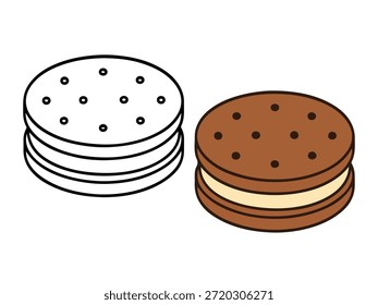 Ilustración de sándwich de galletas simple con una versión de color y una versión de contorno, estilo lindo y mínimo adecuado para iconos, pegatinas, gráficos de alimentos, contenido para niños y páginas para colorear.