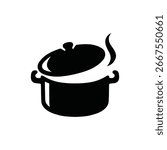 Simple cooking pot logo concept. Saucepan with steam design illustration, vector.