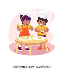 Simple cooking skills isolated cartoon vector illustration. Healthy eating habits, learn simple cooking, mixing ingredients, nutrition in kindergarten, daycare center activity vector cartoon.