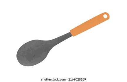 Simple Cooking Spoon With Wooden Handle Watercolor Drawing Vector Illustration Isolated On White Background. Solid Spoon Clipart. Spoon Hand Drawn Cartoon Style. Kitchen Utensils Watercolor Clipart