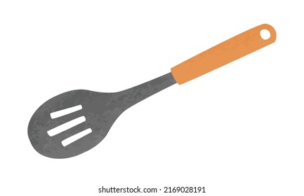 Simple Cooking Spoon With Wooden Handle Watercolor Drawing Vector Illustration Isolated On White Background. Slotted Spoon Clipart. Spoon Hand Drawn Cartoon Style. Kitchen Utensils Watercolor Clipart