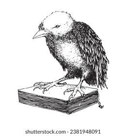 simple but cool design, black and white vector. a picture of a bird standing on a book. very suitable for any purpose.