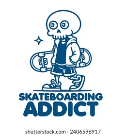 simple but cool design, illustration of a cartoon skeleton holding a skateboard, with the words "skateboarding addict". very suitable for use for merc