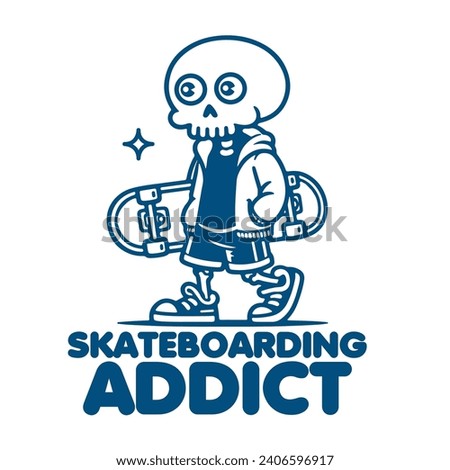 simple but cool design, illustration of a cartoon skeleton holding a skateboard, with the words "skateboarding addict". very suitable for use for merc