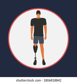 a simple cool fit guy or person vector illustration flat design isolated icon. clean invalid athlete cartoon with one prosthetic leg or attractive handicapped man with artificial prosthesis cartoon 