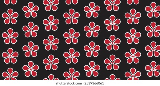 Padrão simples e fresco com motivo floral vermelho com borda branca no fundo preto