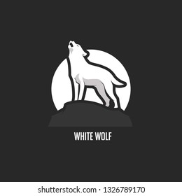 Simple and cool white wolf logo, flat wolf logo and icon, white wolf howling logo stand in a stone, eps 8 file applicable for flyer, poster and t shirt design, flat and modern animal logo