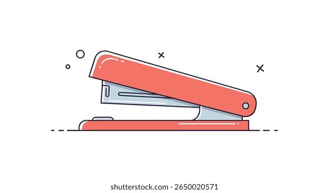 A simple coral colored stapler resting on a white surface with minimalist design elements adding a touch of whimsy