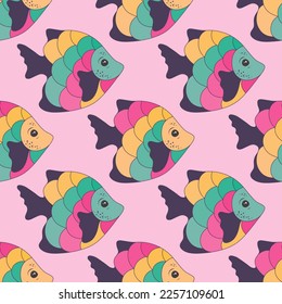 Simple coral reef fish endless ornament design. Oceanic creatures swimming. Kids fashion clothes print. Coral reef fish isolated graphic design. Multicolored squama, tail and fins