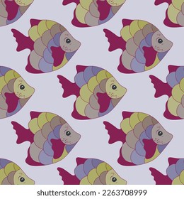 Simple coral reef fish endless ornament vector. Saltwater creatures swimming. Baby fashion clothes print. Coral reef fish under life graphic design. Colorful squama, tail