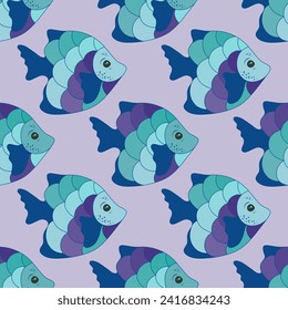 Simple coral reef fish endless fabric print vector. Aquarium fauna swimming. Kids fashion fabric print. Coral reef fish marine life graphic design. Multicolored scales, fins