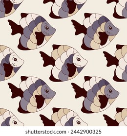 Simple coral reef fish seamless textile print vector. Aquatic fauna diving. Baby fashion fabric print. Coral reef fish flat illustration. Different color scales, fins