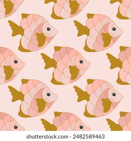 Simple coral reef fish seamless textile print design. Oceanic fauna swimming. Children fashion clothes print. Coral reef fish wildlife illustration. Polychrome squama, tail