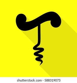 Simple corkscrew sign. Black icon with flat style shadow path on yellow background.