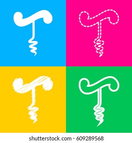 Simple corkscrew sign. Four styles of icon on four color squares.
