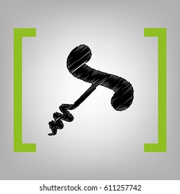 Simple corkscrew sign. Vector. Black scribble icon in citron brackets on grayish background.