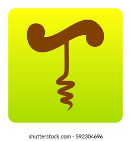 Simple corkscrew sign. Vector. Brown icon at green-yellow gradient square with rounded corners on white background. Isolated.