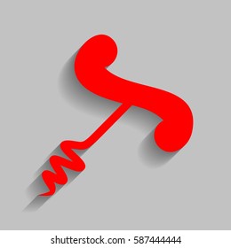 Simple corkscrew sign. Vector. Red icon with soft shadow on gray background.