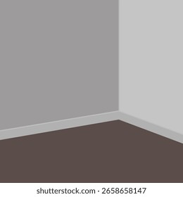 um canto simples de um quarto com paredes cinzas e brancas e piso marrom, design limpo e minimalista