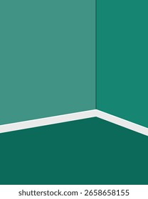 a simple corner of a room with teal walls and floor separated by a white baseboard line design element