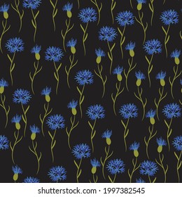 Simple Cornflower wild flowers floral seamless pattern on a black background. 