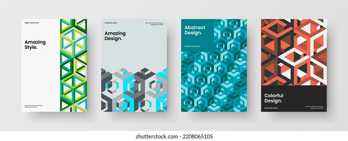 Simple corporate brochure A4 vector design concept bundle. Premium mosaic hexagons journal cover template collection.