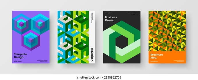 Simple corporate brochure vector design concept bundle. Isolated geometric hexagons leaflet template composition.