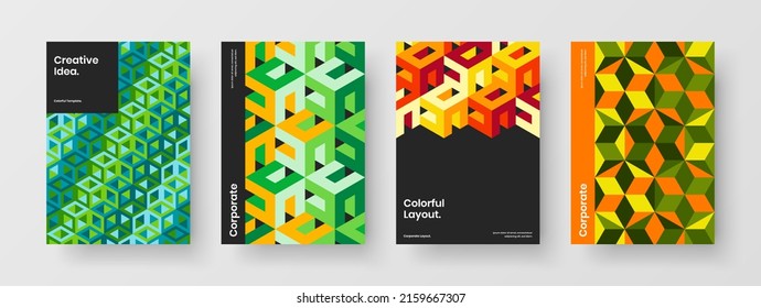 Conjunto de conceptos de vector de diseño simple de portada corporativa. Composición de ilustraciones de folletos de la empresa de hexágonos geométricos multicolores.
