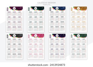 Simple corporate office calendar bundle for 2024 - 2030 years design. Vector print calendar template for 12 months on one page.