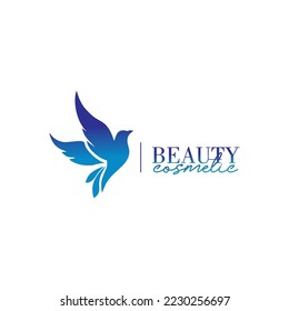 simple cosmetic logo with bird image as logo icon and brand writing in radiated blue