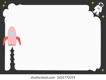 simple cosmic frame with rocket, astronaut and little star element. empty white space for text. minimalist background 
