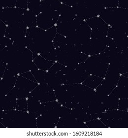 simple cosmic seamless pattern with different constellations on dark background. Vector seamless pattern with stars. Pattern for children textile, nursery room decor, posters and cards