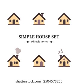 Simple cottage cabin house icon set with 6 elements for buildings, architcture, town, city, real estate, urban graphic design. Editable EPS vector.