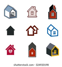Simple cottages collection, real estate and construction theme. Houses vector illustration with heart symbol.