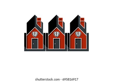 Simple cottages with heart symbo, love and romance idea. Houses vector illustration.