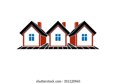 Simple cottages vector illustration, country houses, for use in graphic design. Real estate concept, region or district theme. Building company abstract image.