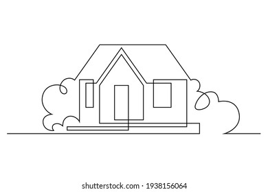 Simple Country House Surrounded By Lush Greenery In Continuous Line Art Drawing Style. Suburban Home Minimalist Black Linear Design Isolated On White Background. Vector Illustration