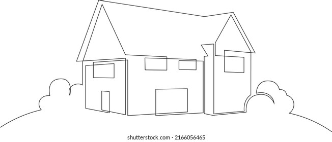 Simple country house surrounded by lush greenery in continuous line art drawing style. Suburban home minimalist design isolated on white background. Vector illustration.