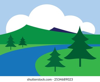 A simple countryside consisting of trees, mountains, fields, clouds and a river