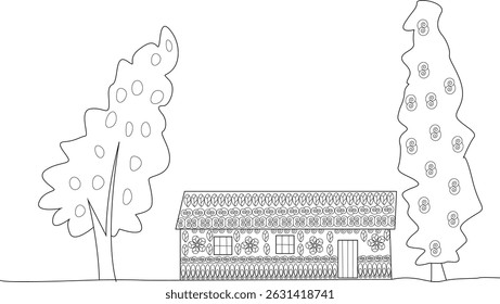 Simple Countryside House Line Art with Trees, Black and white outline illustration of a charming, simple house located in the countryside, surrounded by two stylized trees. The house features