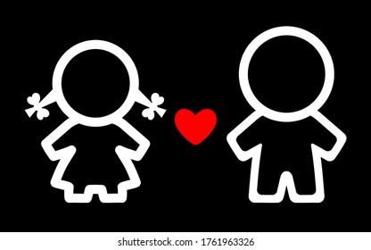 Icono de pareja simple de estilo moderno y plano aislado en el fondo negro. Silhouette de personas blancas y negras. Símbolo de persona para diseño de sitio web, logotipo, aplicación, interfaz de usuario, vestidor o lavabo, WC (baño público). 