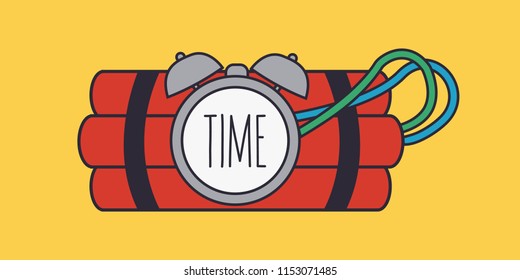 Simple Cover Red Terror Dynamite. Time Isolated. Exploding Bomb & Explosive Vector & Clock Timer Flat Design. Countdown Explotion Cartoon. Attack Icon Or Symbol For Logo. Reminder Tnt & Clean Art Wire