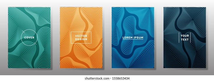 Conjunto simple de plantillas de portada. La curva fluida da forma a los patrones de líneas geométricas. Modernos fondos para catálogos, revista de negocios. Textura de líneas, elementos de título de encabezado. Conjunto de diseños de portada.