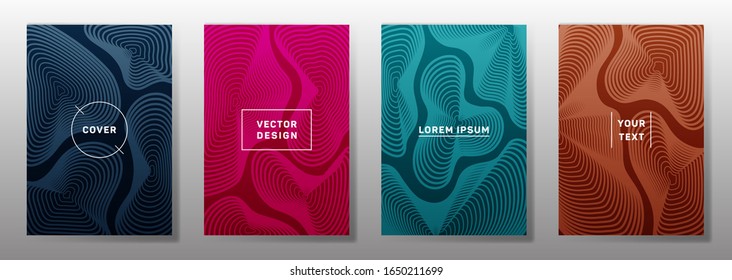 Conjunto simple de plantillas de portada. La curva fluida da forma a los patrones de líneas geométricas. Fondos lineales para catálogos, revista de negocios. Modalidades de línea, elementos de encabezado. Plantillas de portada.