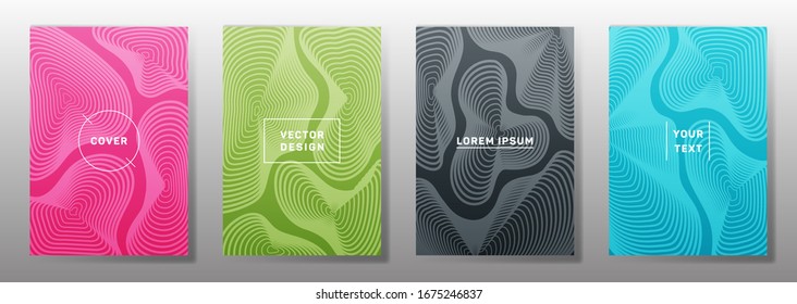 Simple cover templates set. Fluid curve shapes geometric lines patterns. Geometric backgrounds for notepads, notice paper covers. Line stripes graphics, title elements. Cover page layouts set.