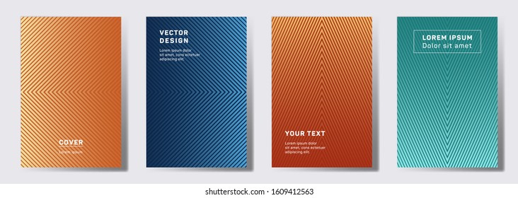 Simple cover templates set. Geometric lines patterns with edges, angles. Halftone backgrounds for catalogues, business magazine. Line stripes graphics, title elements. Cover page templates.