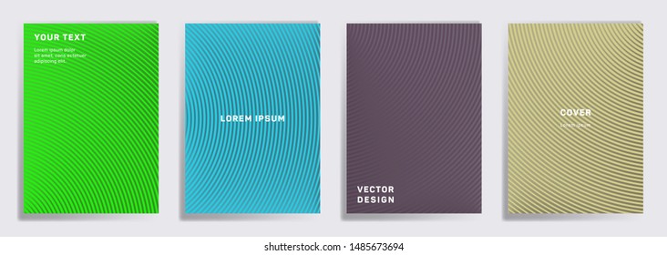 Simple cover templates set. Radial semicircle geometric lines patterns. Cool poster, flyer, banner vector backgrounds. Lines texture, header title elements. Annual report covers.