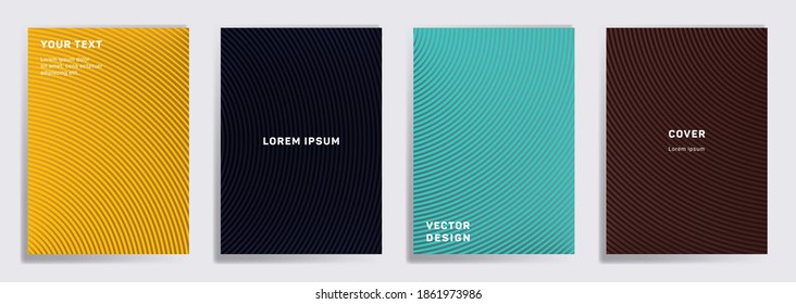 Conjunto de plantillas de portada simples. Patrones de líneas geométricas de semicírculo radial. Excelentes antecedentes para catálogos, folletos corporativos. Patrones de formas de línea, elementos de encabezado. Diseños de portada definidos.